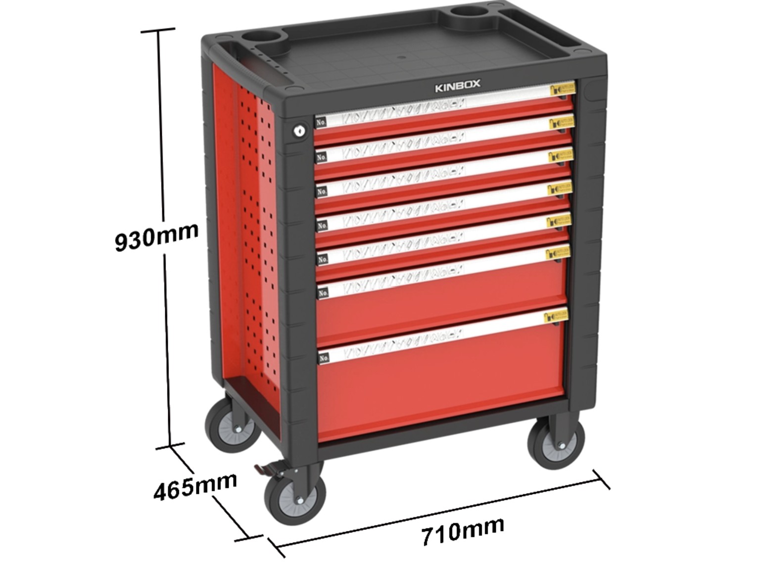 Gr&ouml;&szlig;e des KINBOX Roll-Werkzeugschranks mit 7 Schubladen